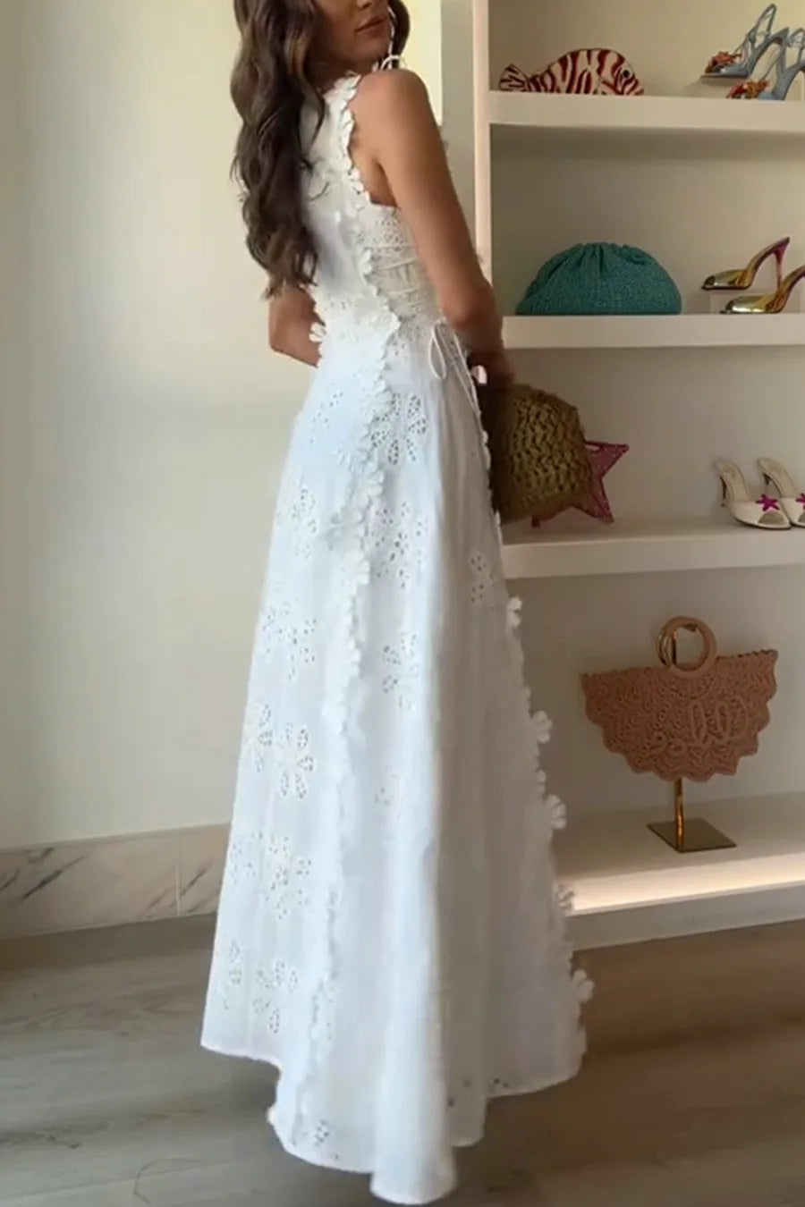 2025 Summer New Fashion Lace Embroidery Women Strap Resort Slimming Long Dress Simple Solid Color Female Banquet Dresses exovai.com