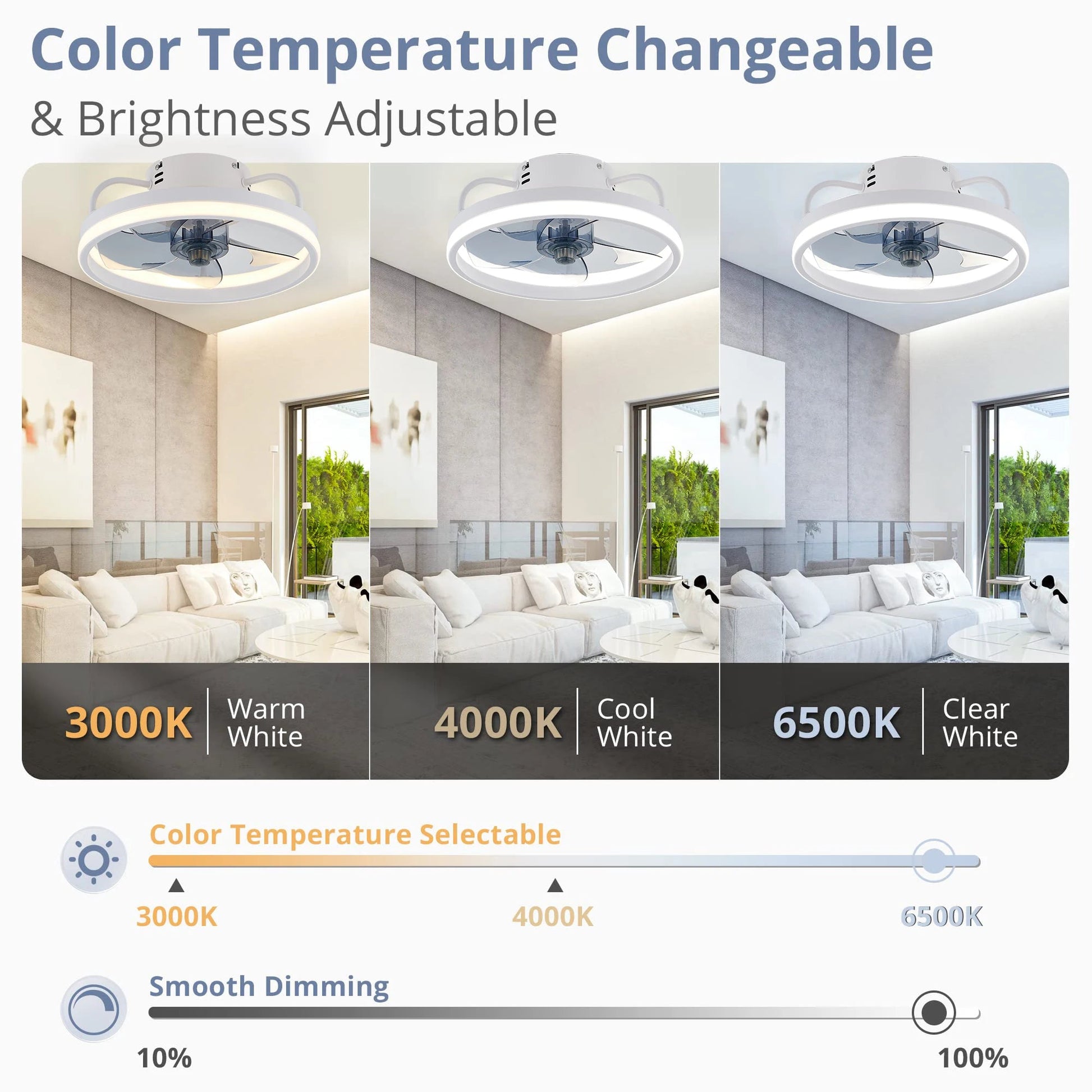 Ceiling fan with adjustable LED reversible blade timing and remote control, 5 invisible blades semi embedded installation exovai.com