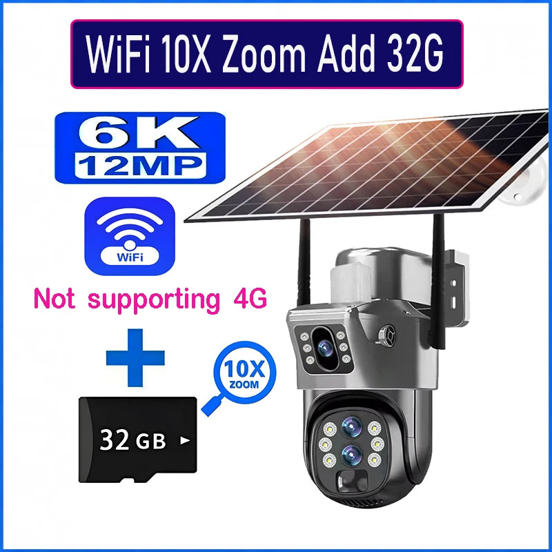 10X Optical Zoom 4G SIM Solar Camera 6K 12MP Three Lens WiFi Outdoor Surveillance Camera PIR Auto Tracking Solar Security CCTV exovai.com