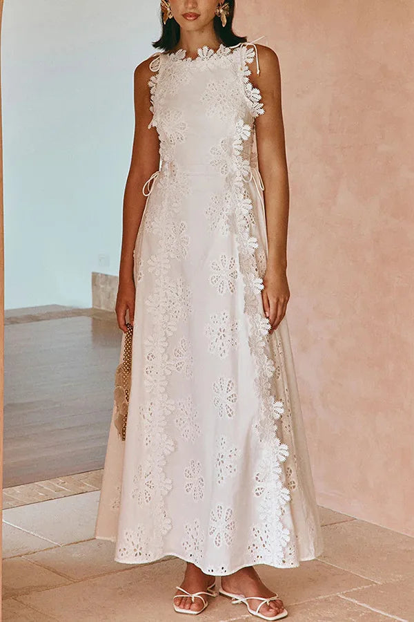 2025 Summer New Fashion Lace Embroidery Women Strap Resort Slimming Long Dress Simple Solid Color Female Banquet Dresses exovai.com