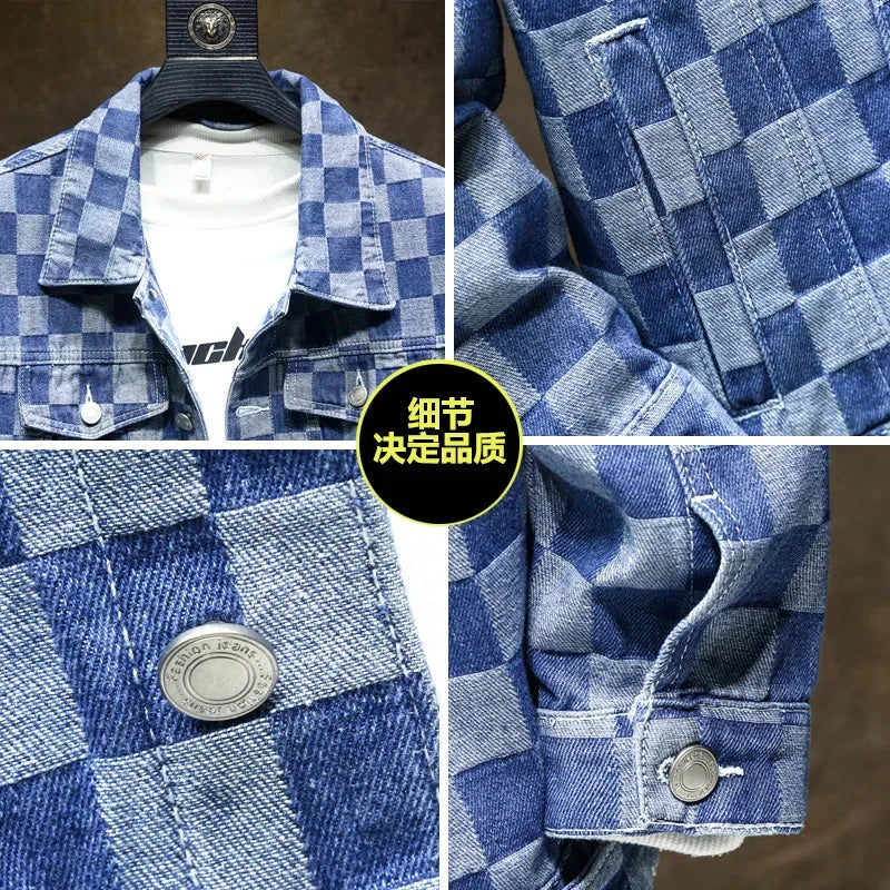 Men's Denim Jacket Blue Button Plaid Male Jean Coats Cheap Price Stylish One Piece Vintage Trendy Casual Original Korea Lxury exovai.com