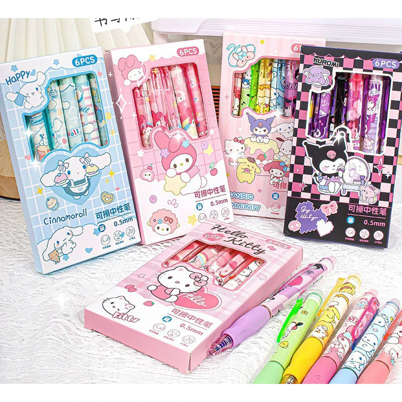 6pcs Kawaii Children Gel Pen Hello Kitty Cartoon Kuromi ST Erasable Black 0.5mm Press The Ballpoint Pen Learning Stationery Gift exovai.com
