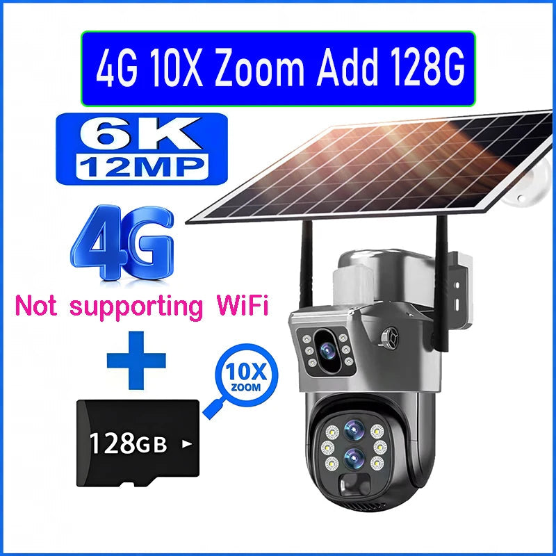 10X Optical Zoom 4G SIM Solar Camera 6K 12MP Three Lens WiFi Outdoor Surveillance Camera PIR Auto Tracking Solar Security CCTV exovai.com