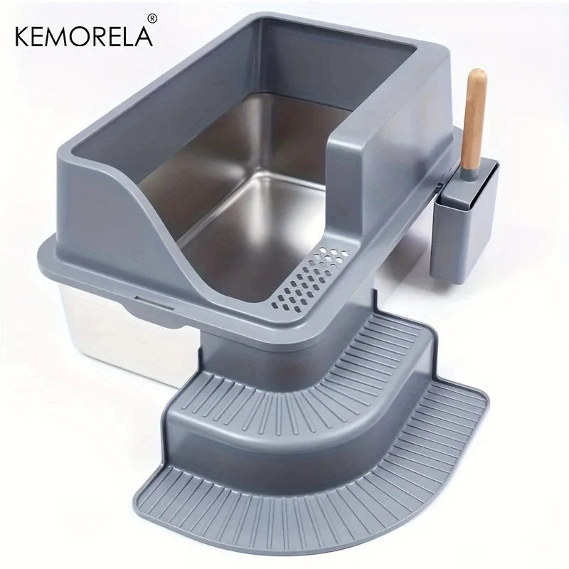 Extra Large 20L Stainless Steel Cat Litter Box With Stair Foot Pad Splash-Proof Easy To Clean Odorless Toilet Cat Litter Box exovai.com