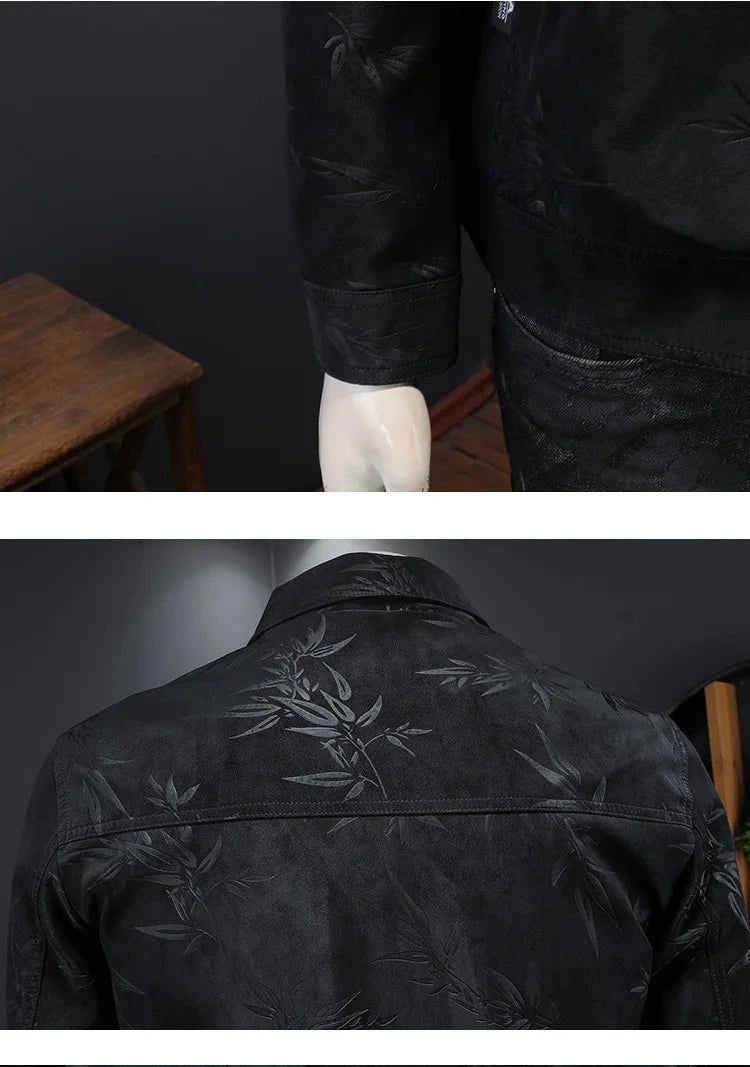 Luxury Flocking Bomber Jacket Mens 2025 Autumn Business Vintage Casual Slim Jacket Lapel Single Breasted Jacquard Coats Jacket exovai.com