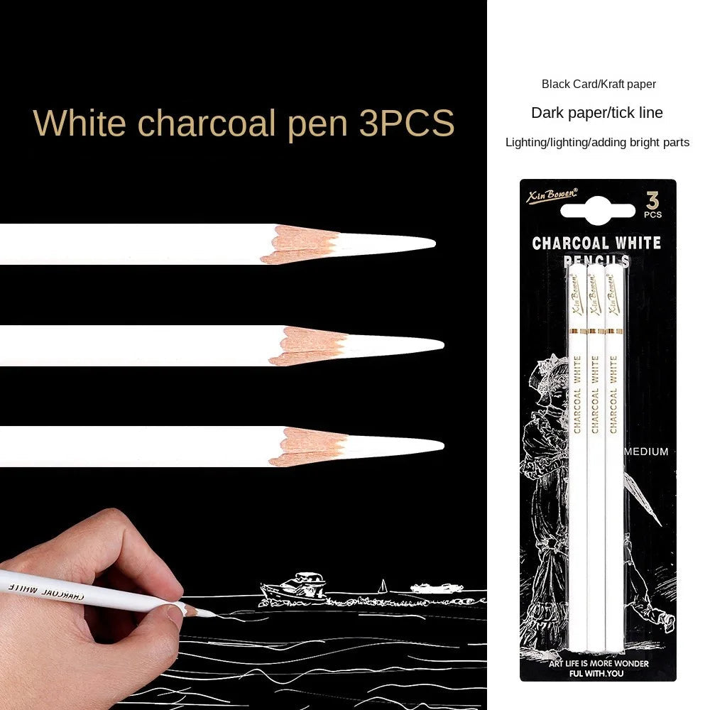 3Pcs Soft/Medium/Hard Charcoal Pencils Set Art Supplies White/Black Charcoal Pen Sketch Pencil Drawing Pencil Professional exovai.com