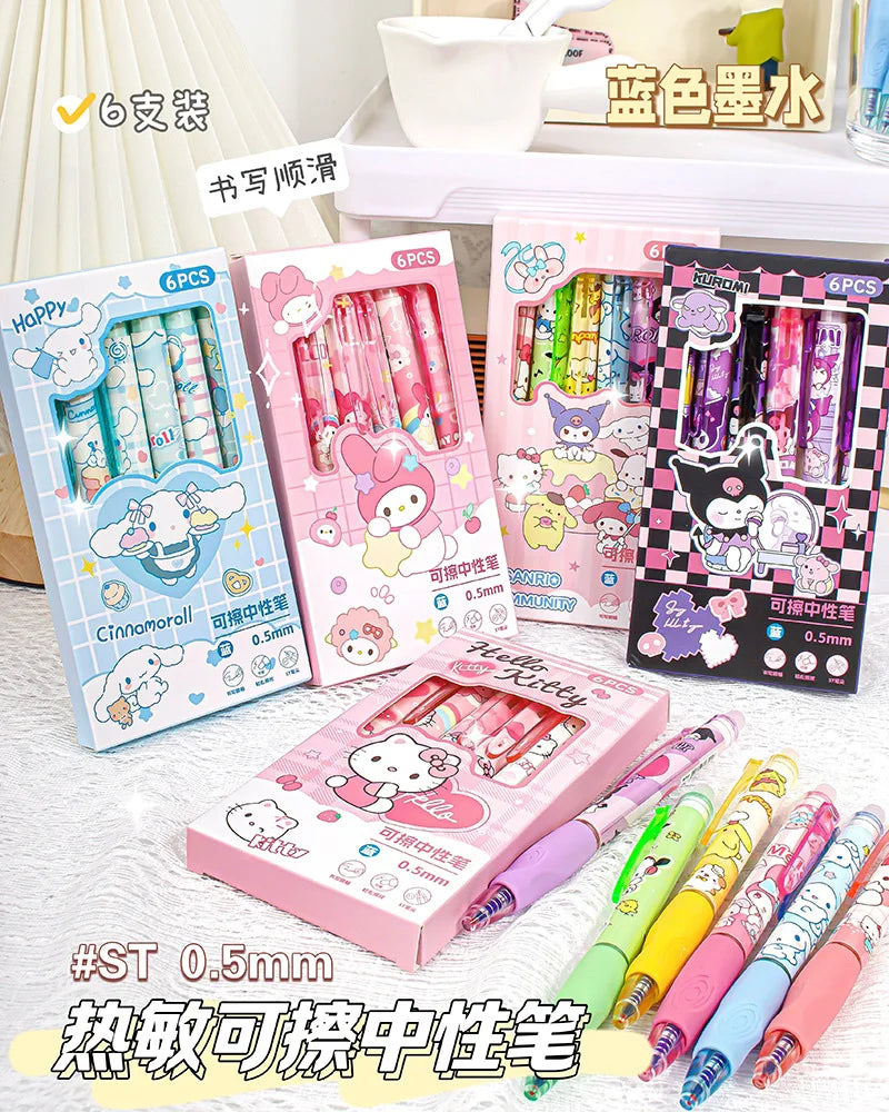 6pcs Kawaii Children Gel Pen Hello Kitty Cartoon Kuromi ST Erasable Black 0.5mm Press The Ballpoint Pen Learning Stationery Gift exovai.com