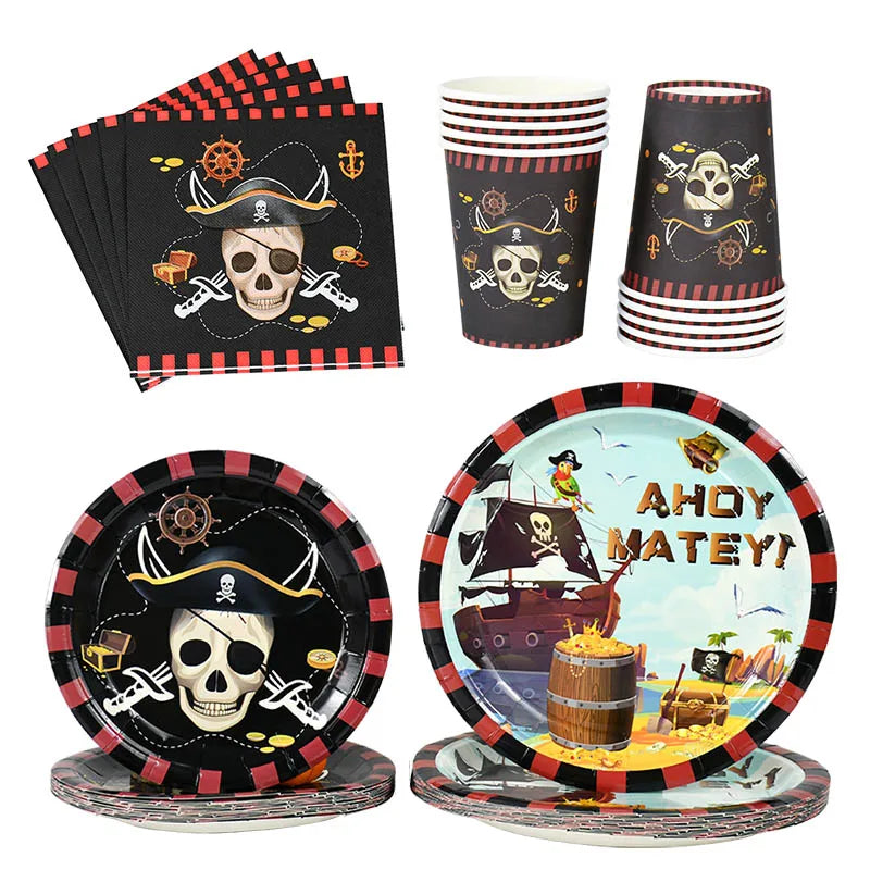 Pirate Theme Party Disposable Tableware Paper Plates Cups Napkins Kids Boy Birthday Party Decorations Halloween Supplies exovai.com