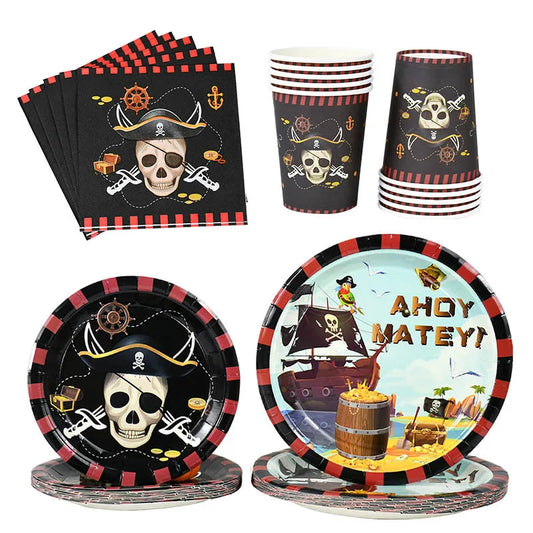 Pirate Theme Party Disposable Tableware Paper Plates Cups Napkins Kids Boy Birthday Party Decorations Halloween Supplies exovai.com