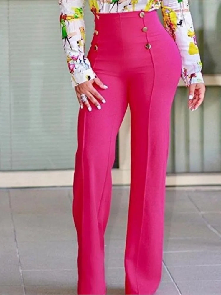 Elegant Casual  High Waist Wide Leg Pants Fashion Loose Button Long Pant Office Solid Spring Autumn Womens Clothing New Pant exovai.com