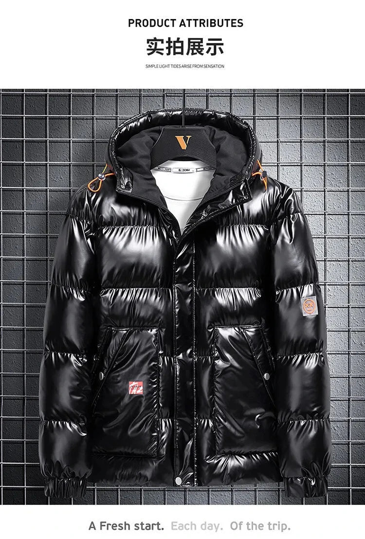 Men Parkas Thicken Warm Coat Men's Solid Color Parkas Coat Men's Fashion New Streetwear Winter Jacket Mens Glossy Black Jackets exovai.com