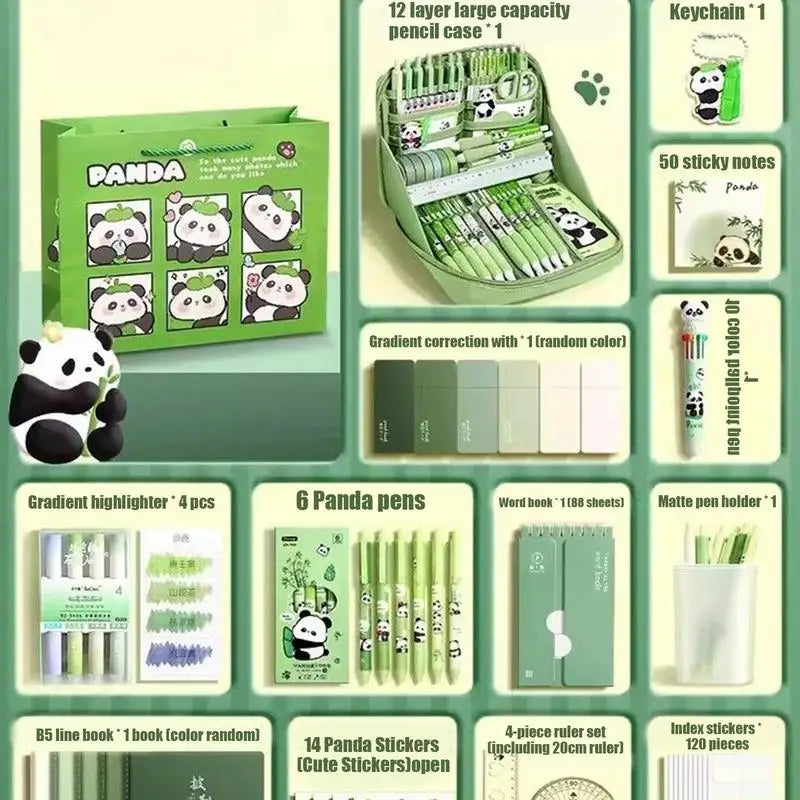 Panda School Supplies Stationery Set Cute Studying Supplies Stationery Set Ruler Notebook Keychain Pens Pencil Case Tab Stickers exovai.com