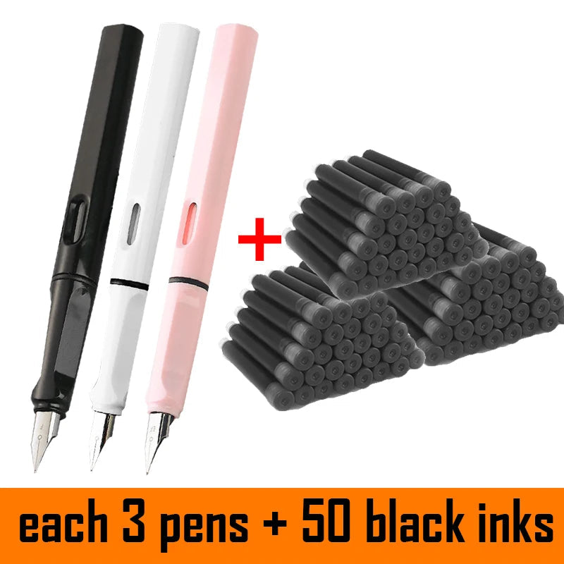 53Pcs Fountain Pen Set School Student Pens Replacable Ink Set Black/Blue/Red ink 0.38 mm Office Writing Supplies Stationery exovai.com
