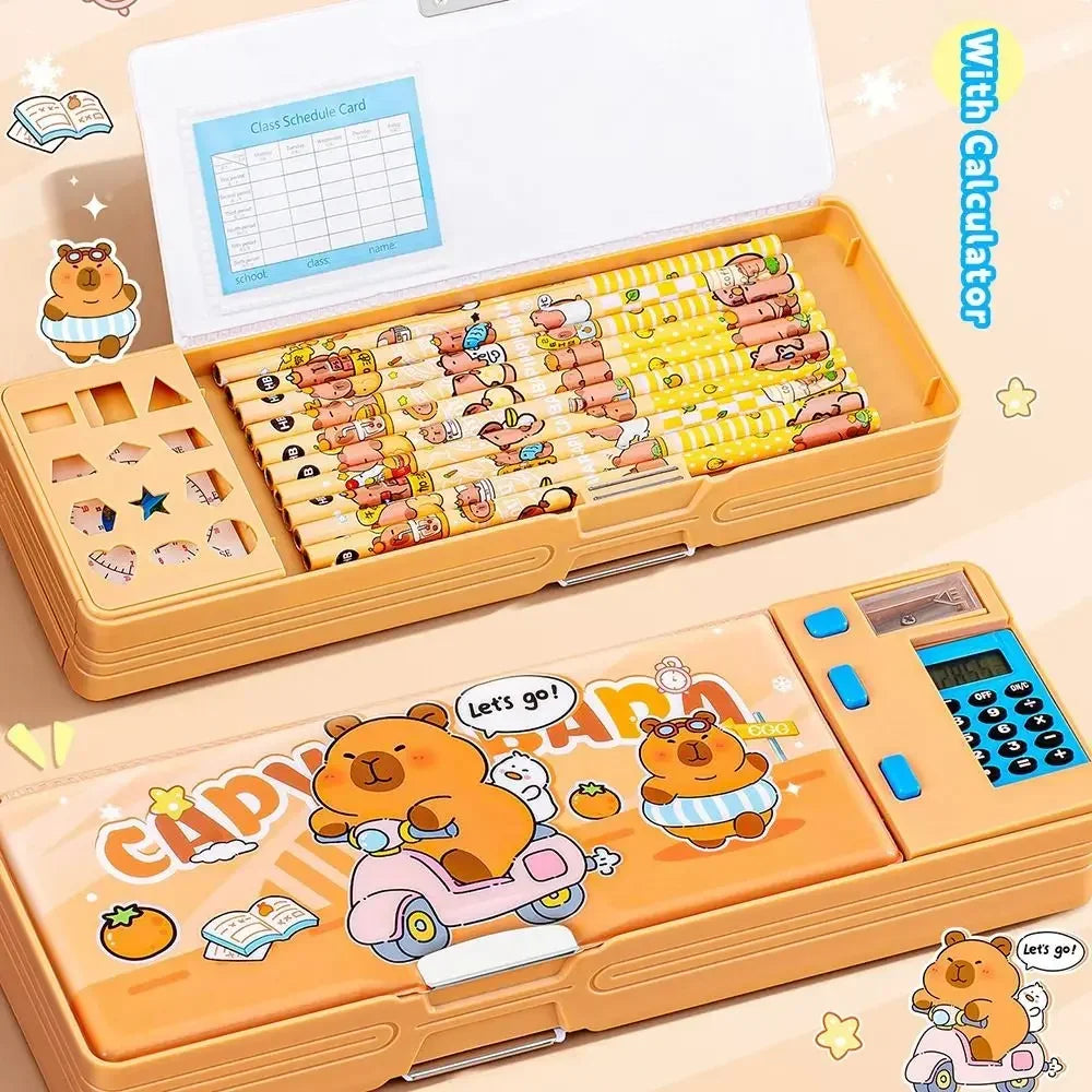 Plastic Pencil Case With Calculator/Pencil Sharpener Double Sided Use Pencil Box Large Capacity Multi-Functional exovai.com