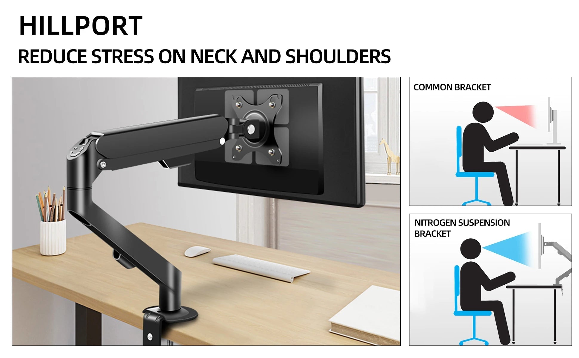 HILLPORT 17-34" Desktop Monitor Arm Holder Gas Spring Full Motion Mount Strut LCD LED TV Bracket Stand PC Soport Support M5 exovai.com