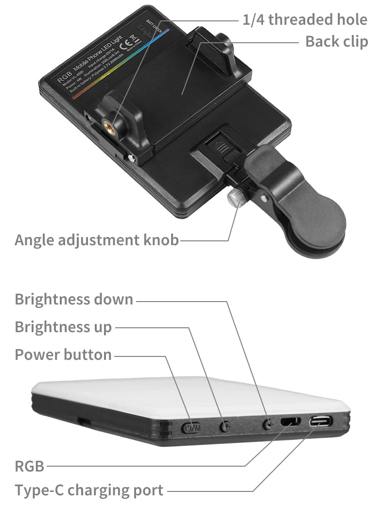 Mini Fill Light RGB LED Straight Pocket Video Photography Lighting Pocket Live Vlog Clip for Phone iPhone iPad Laptop Camera exovai.com