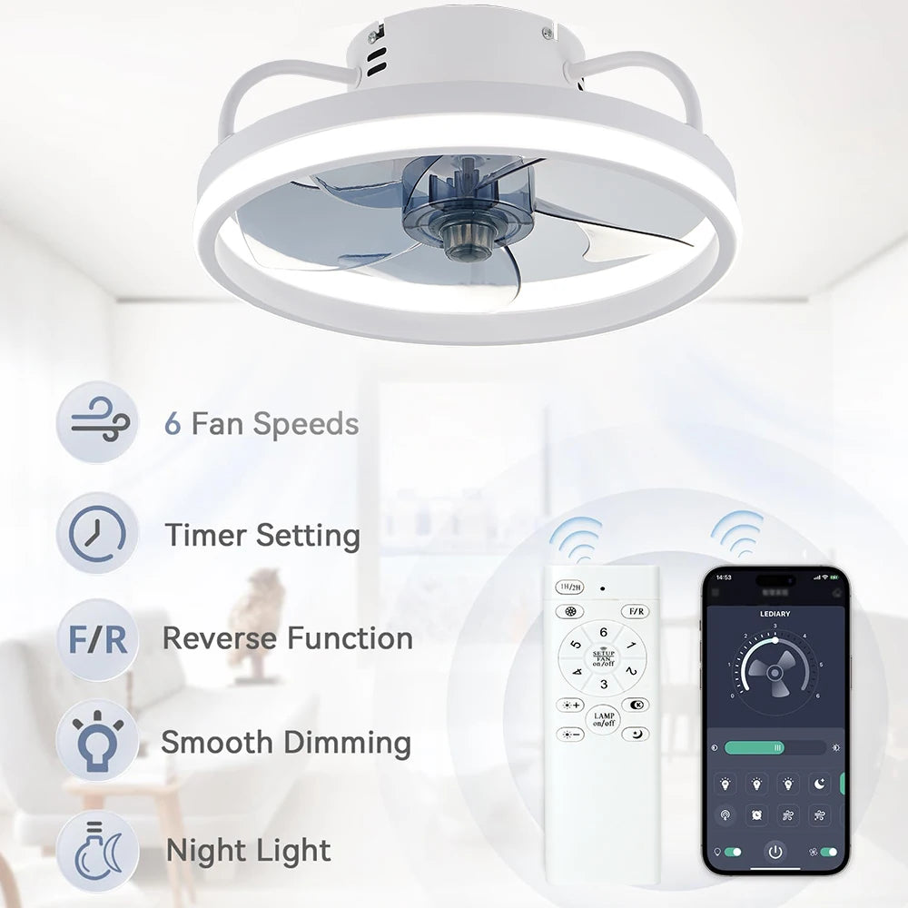 Ceiling fan with adjustable LED reversible blade timing and remote control, 5 invisible blades semi embedded installation exovai.com