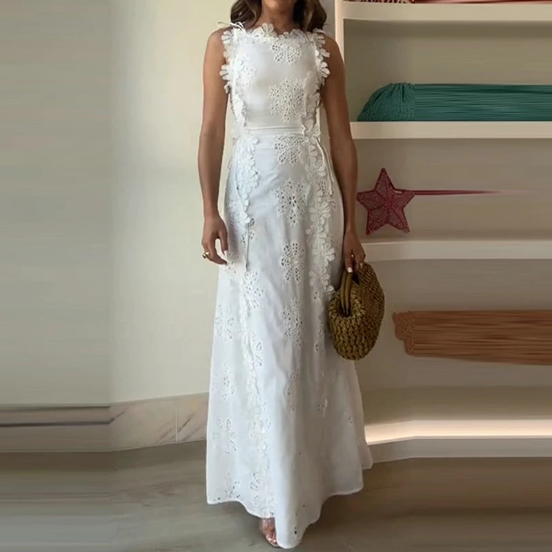 Summer Lace Jacquard Women's Banquet Dress Elegant O Neck Sleeveless Lace Up Beach Dress Fashion Hollow Out Slim Fit Long Dress exovai.com