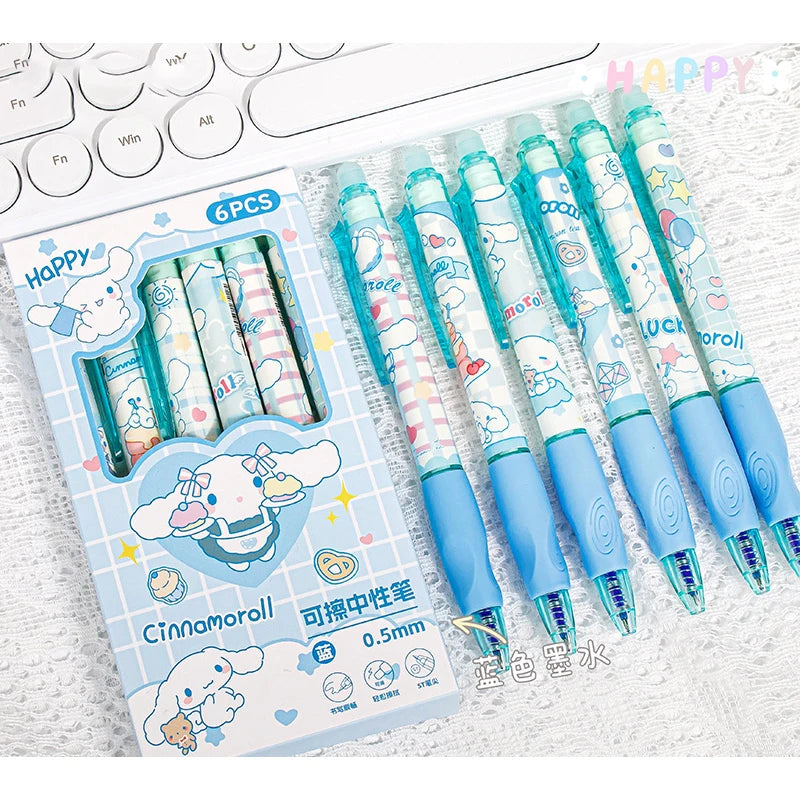 6pcs Kawaii Children Gel Pen Hello Kitty Cartoon Kuromi ST Erasable Black 0.5mm Press The Ballpoint Pen Learning Stationery Gift exovai.com
