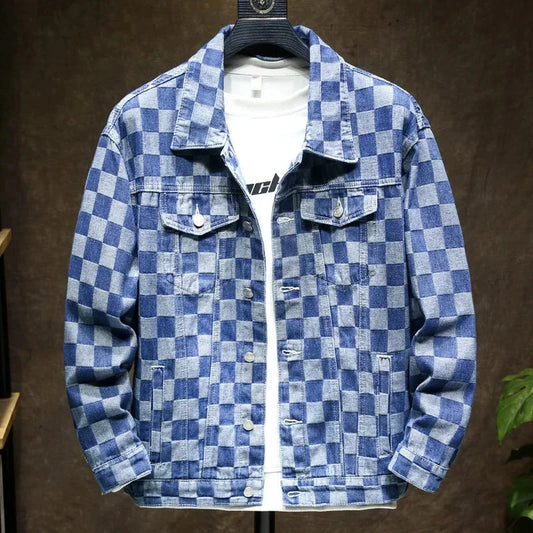 Men's Denim Jacket Blue Button Plaid Male Jean Coats Cheap Price Stylish One Piece Vintage Trendy Casual Original Korea Lxury exovai.com