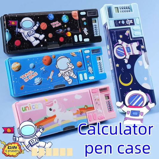 Cartoon Calculator Multifunctional Pencil Case Elementary Students Large Capacity Stationery Box Double-layer Double Opening exovai.com