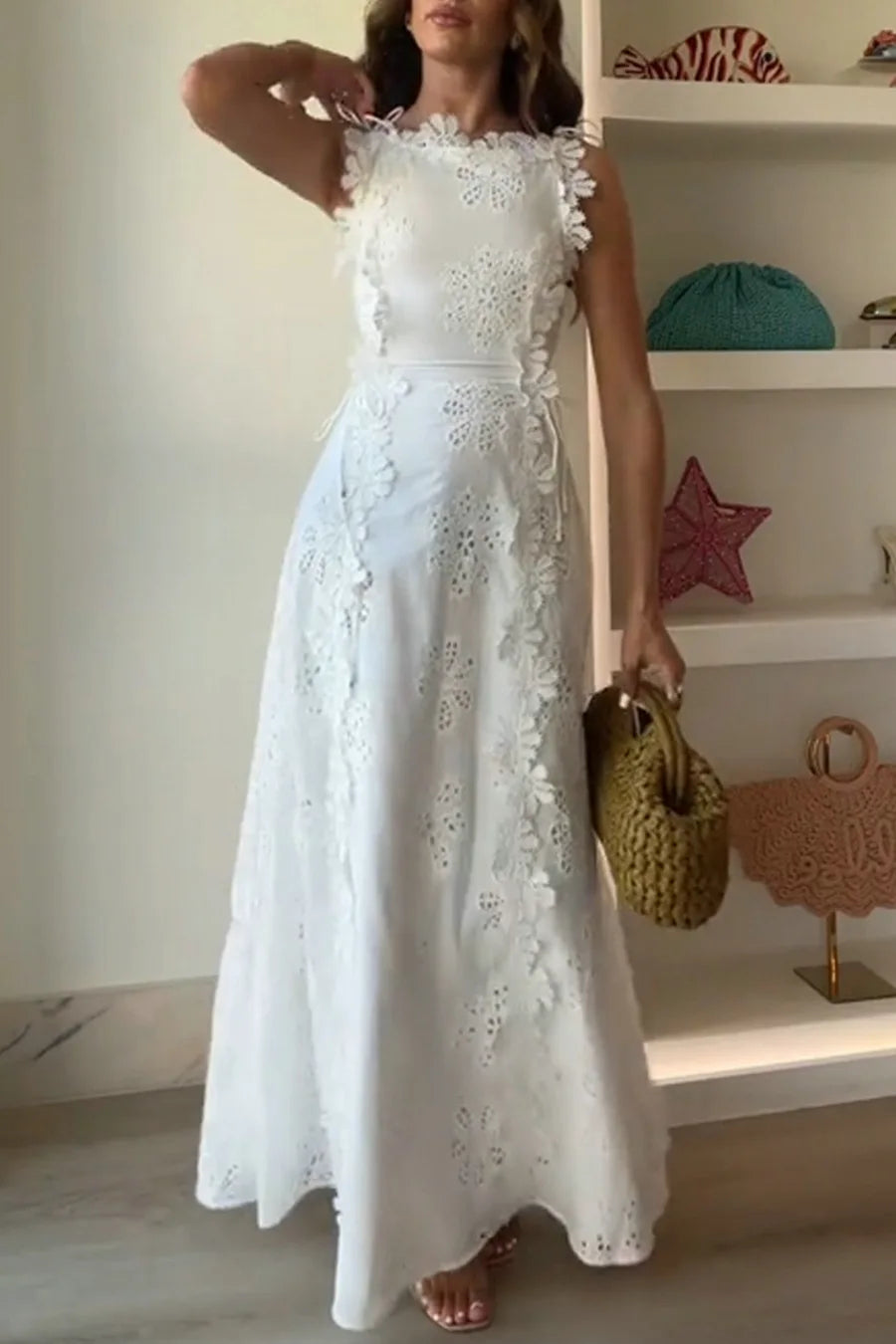 2025 Summer New Fashion Lace Embroidery Women Strap Resort Slimming Long Dress Simple Solid Color Female Banquet Dresses exovai.com