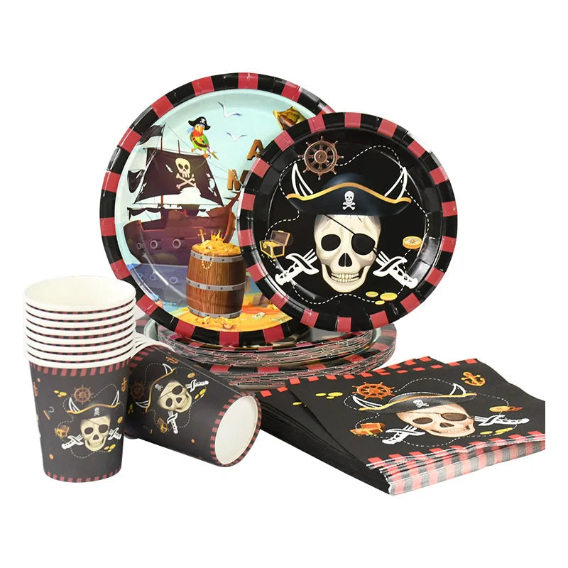 Pirate Theme Party Disposable Tableware Paper Plates Cups Napkins Kids Boy Birthday Party Decorations Halloween Supplies exovai.com