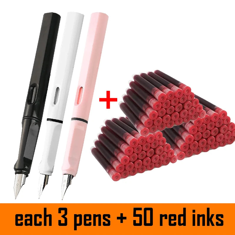 53Pcs Fountain Pen Set School Student Pens Replacable Ink Set Black/Blue/Red ink 0.38 mm Office Writing Supplies Stationery exovai.com