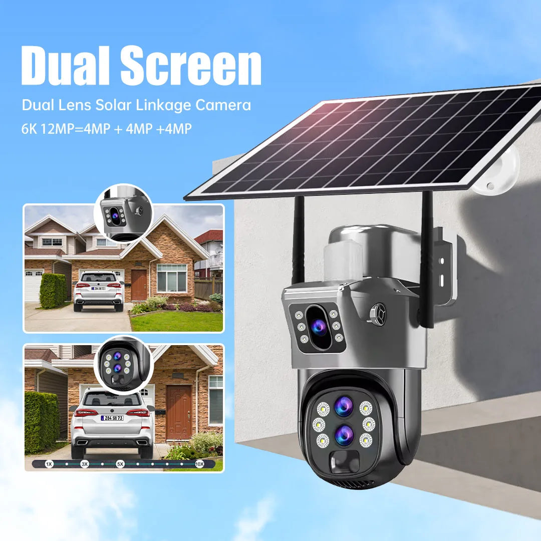 10X Optical Zoom 4G SIM Solar Camera 6K 12MP Three Lens WiFi Outdoor Surveillance Camera PIR Auto Tracking Solar Security CCTV exovai.com