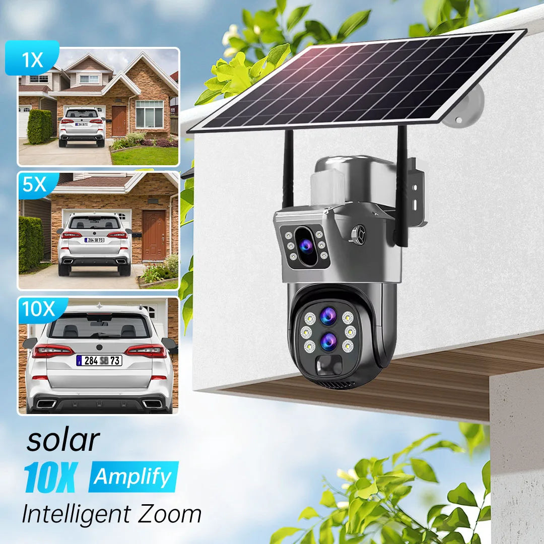 10X Optical Zoom 4G SIM Solar Camera 6K 12MP Three Lens WiFi Outdoor Surveillance Camera PIR Auto Tracking Solar Security CCTV exovai.com