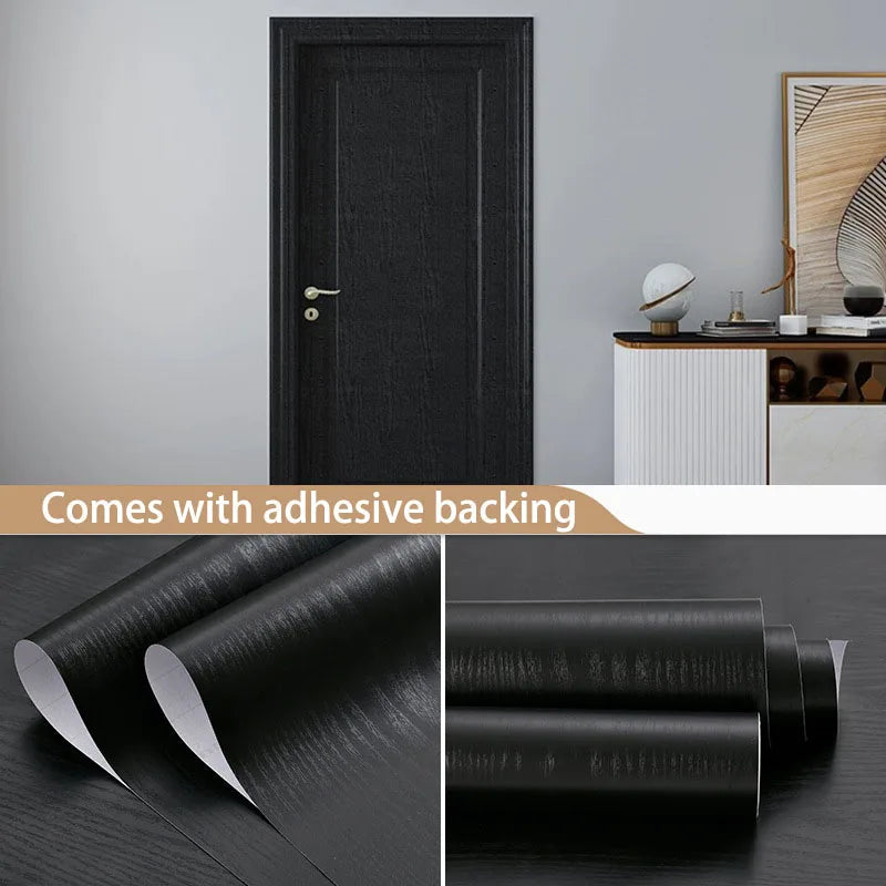 45cm PVC Furniture decorative paper black wood grain self-adhesive waterproof wallpaper kitchen cabinet table door wall stickers exovai.com