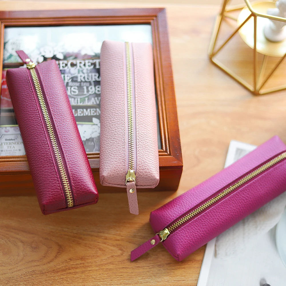 Custom Name Cow Leather Pencil Case Luxury Zipper Business Office Storage Bag Student Pen Bag Personalized Cosmetic Bags Gift exovai.com