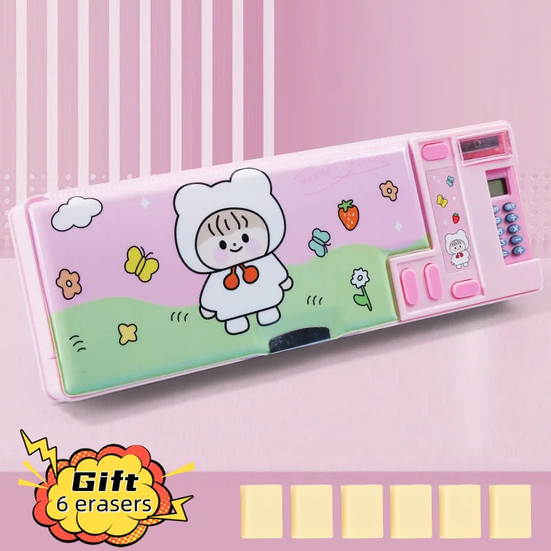 Cartoon Calculator Multifunctional Pencil Case Elementary Students Large Capacity Stationery Box Double-layer Double Opening exovai.com