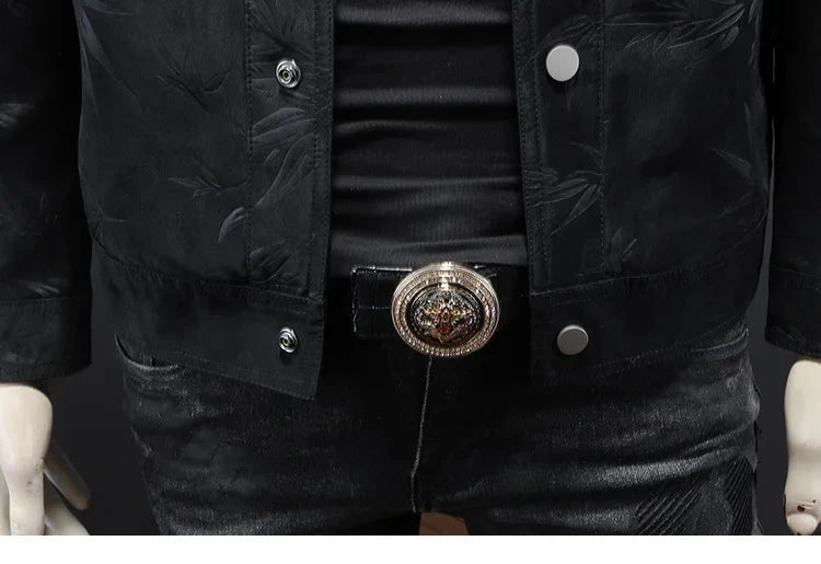 Luxury Flocking Bomber Jacket Mens 2025 Autumn Business Vintage Casual Slim Jacket Lapel Single Breasted Jacquard Coats Jacket exovai.com