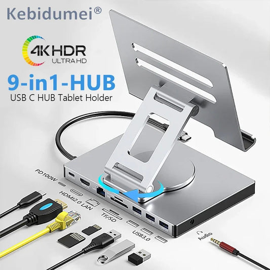 9-in-1 USB C HUB Tablet Holder Station 4K/60Hz HDMI USB3.0 1000Mbps Ethernet Data Transfer 360 Docking Stand for Tablet Phone exovai.com