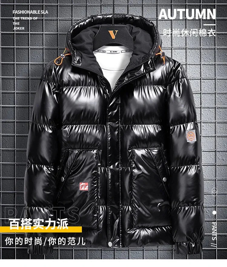 Men Parkas Thicken Warm Coat Men's Solid Color Parkas Coat Men's Fashion New Streetwear Winter Jacket Mens Glossy Black Jackets exovai.com