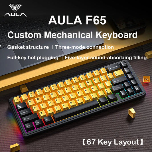AULA F65 Mechanical Keyboard Three Mode Custom Wireless/Bluetooth/Wired Connection Full Key Hot-swapable Office Gaming Esports exovai.com