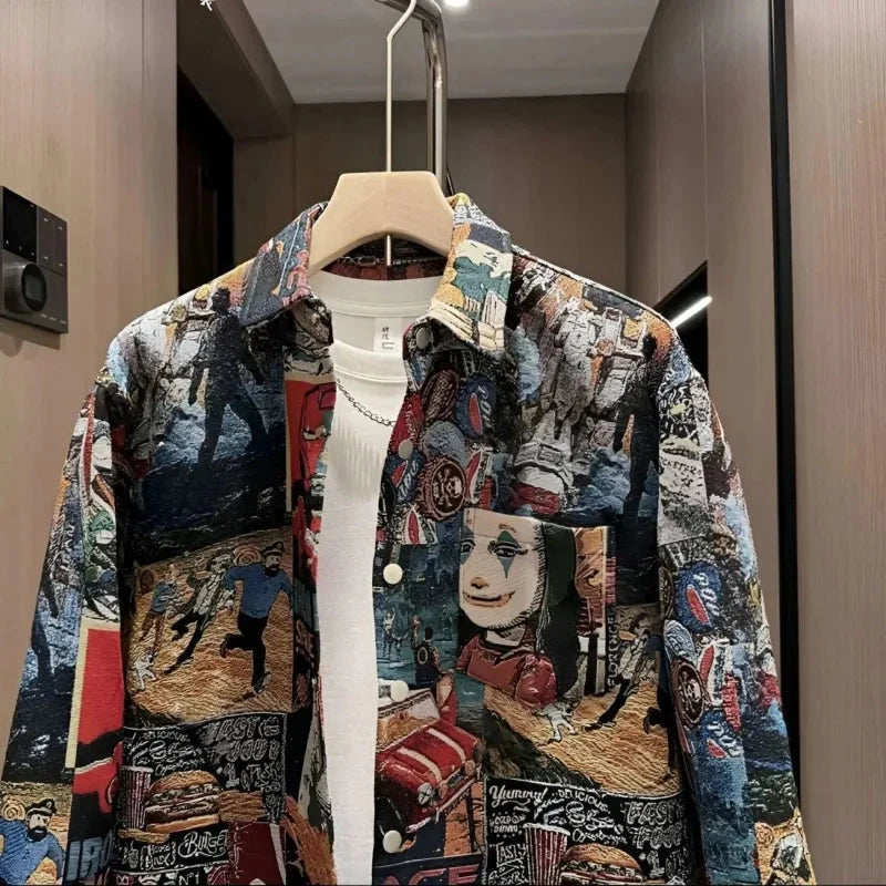 Men's Spring Autumn Fashion Casual Shirt New Style Painted Halo Ethnic Print High-end Loose Versatile Casual Jacket exovai.com