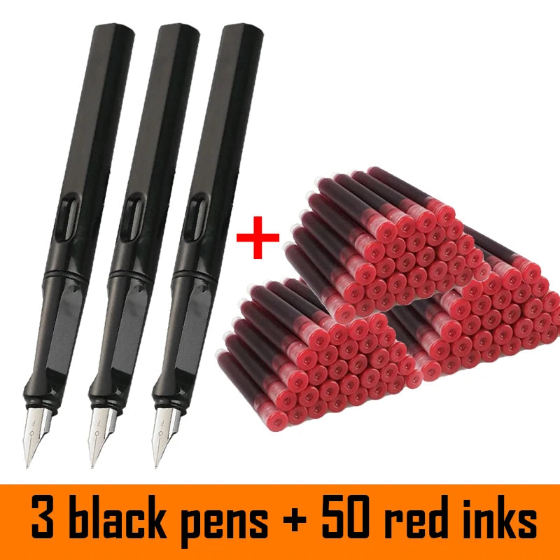 53Pcs Fountain Pen Set School Student Pens Replacable Ink Set Black/Blue/Red ink 0.38 mm Office Writing Supplies Stationery exovai.com