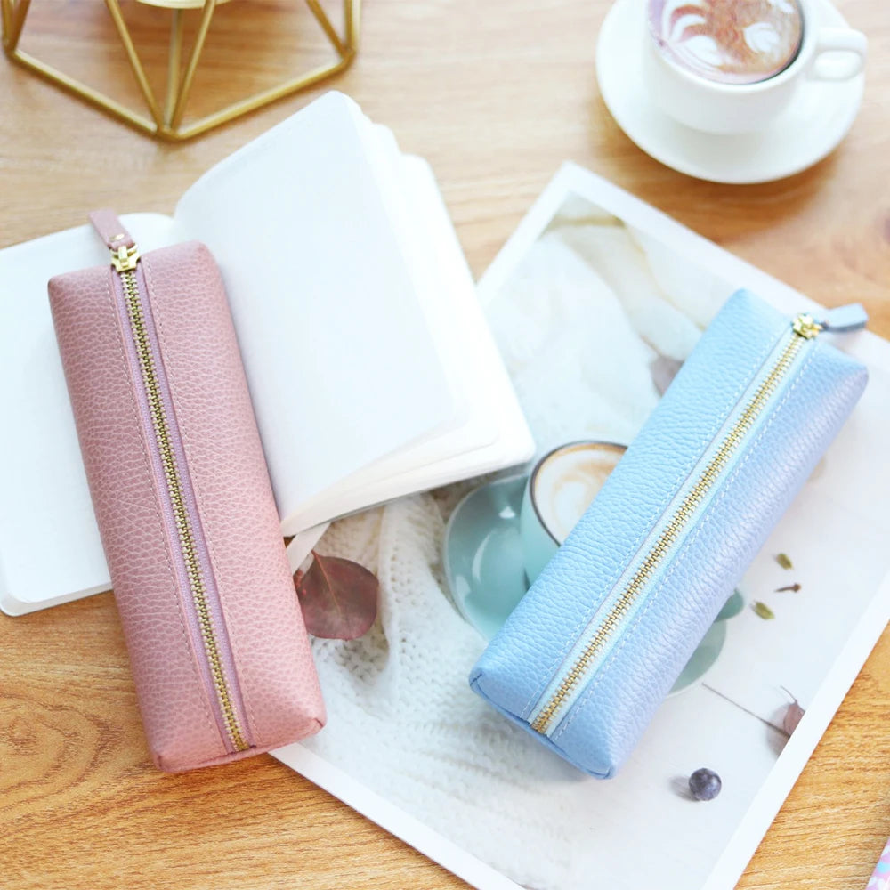 Custom Name Cow Leather Pencil Case Luxury Zipper Business Office Storage Bag Student Pen Bag Personalized Cosmetic Bags Gift exovai.com