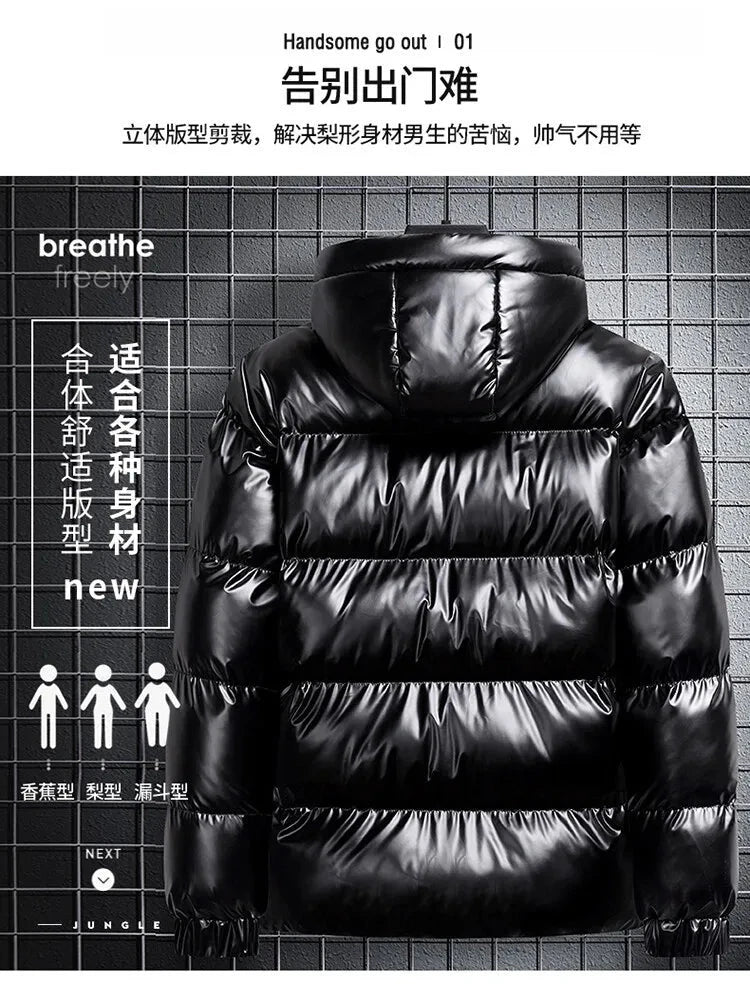Men Parkas Thicken Warm Coat Men's Solid Color Parkas Coat Men's Fashion New Streetwear Winter Jacket Mens Glossy Black Jackets exovai.com