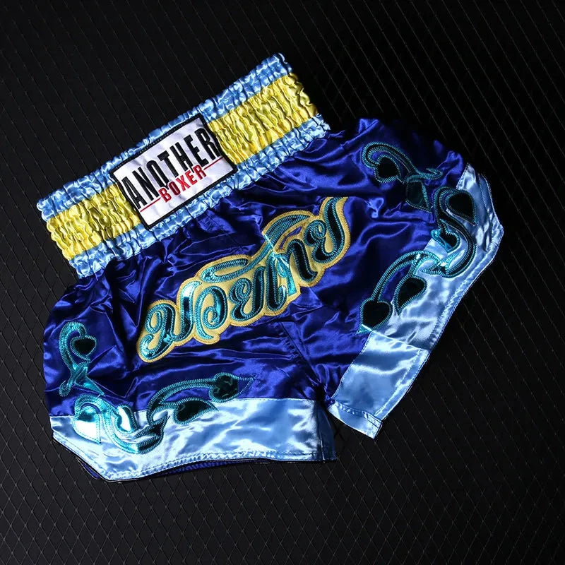 Muay Thai Pants Embroidery Boxing Shorts Women Men Satin Fight Kickboxing Training Trunks Kids Boy Girl Martial Arts MMA Clothes exovai.com