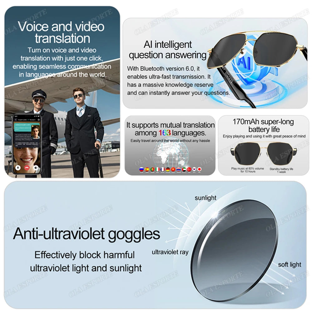 AI Smart Glasses with ChatGPT4.0 Instant Translation 164 Languages Bluetooth Calls IP67 Waterproof HD Camera for Travel Business exovai.com