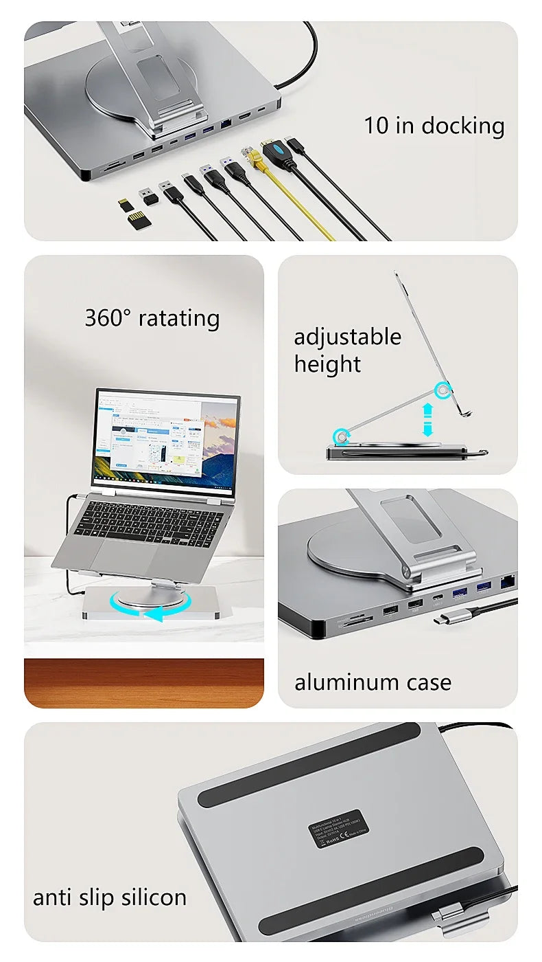 Laptop Stand for MacBook Pro Air Dell HP Surface 360° Rotatable Foldable with USB Hub Card Reader RJ45 Universal Bracket Holder exovai.com