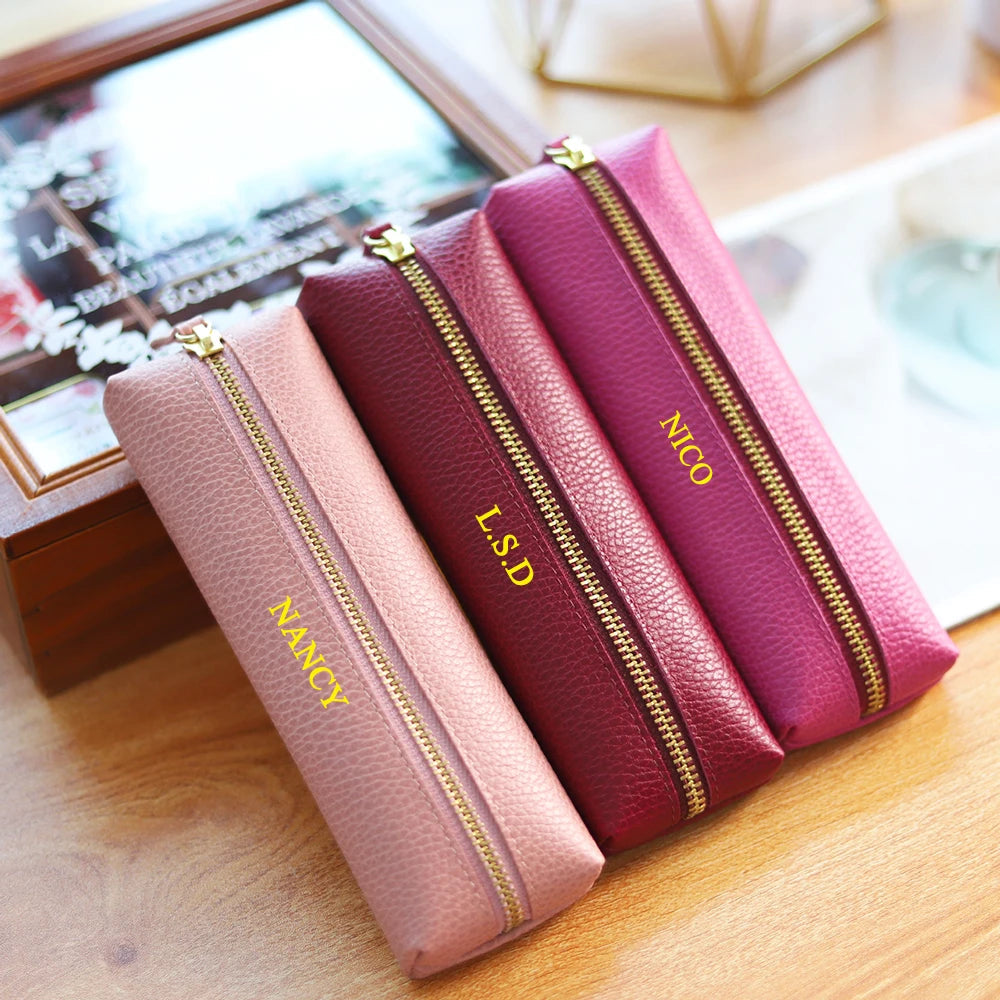 Custom Name Cow Leather Pencil Case Luxury Zipper Business Office Storage Bag Student Pen Bag Personalized Cosmetic Bags Gift exovai.com