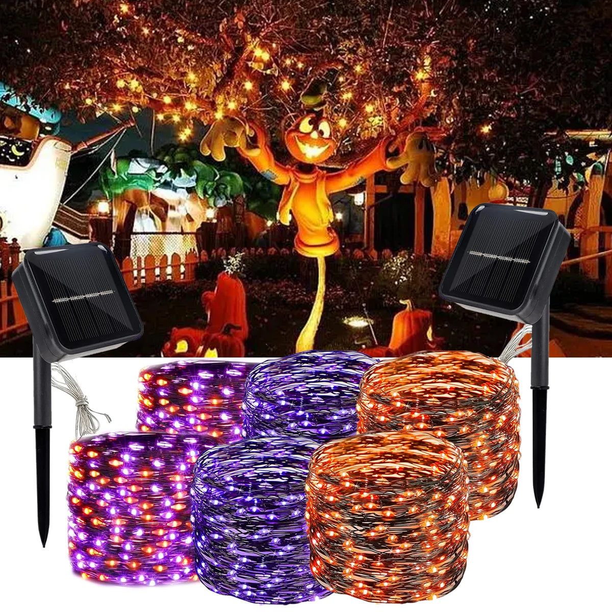 2 Pack 120LED Halloween Solar Powered Black Copper Wire Lamp Lights With 8 Lighting Modes Outdoor Waterproof Horror Atmosphere exovai.com