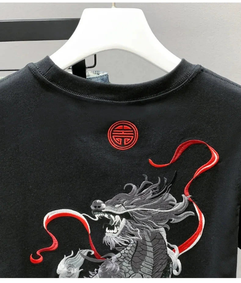 Summer Men T Shirt Harajuku Dragon Embroidery T Shirt Chinese Vintage Tees Tops Cotton Short Sleeve Casual Streetwear 09s Youth exovai.com