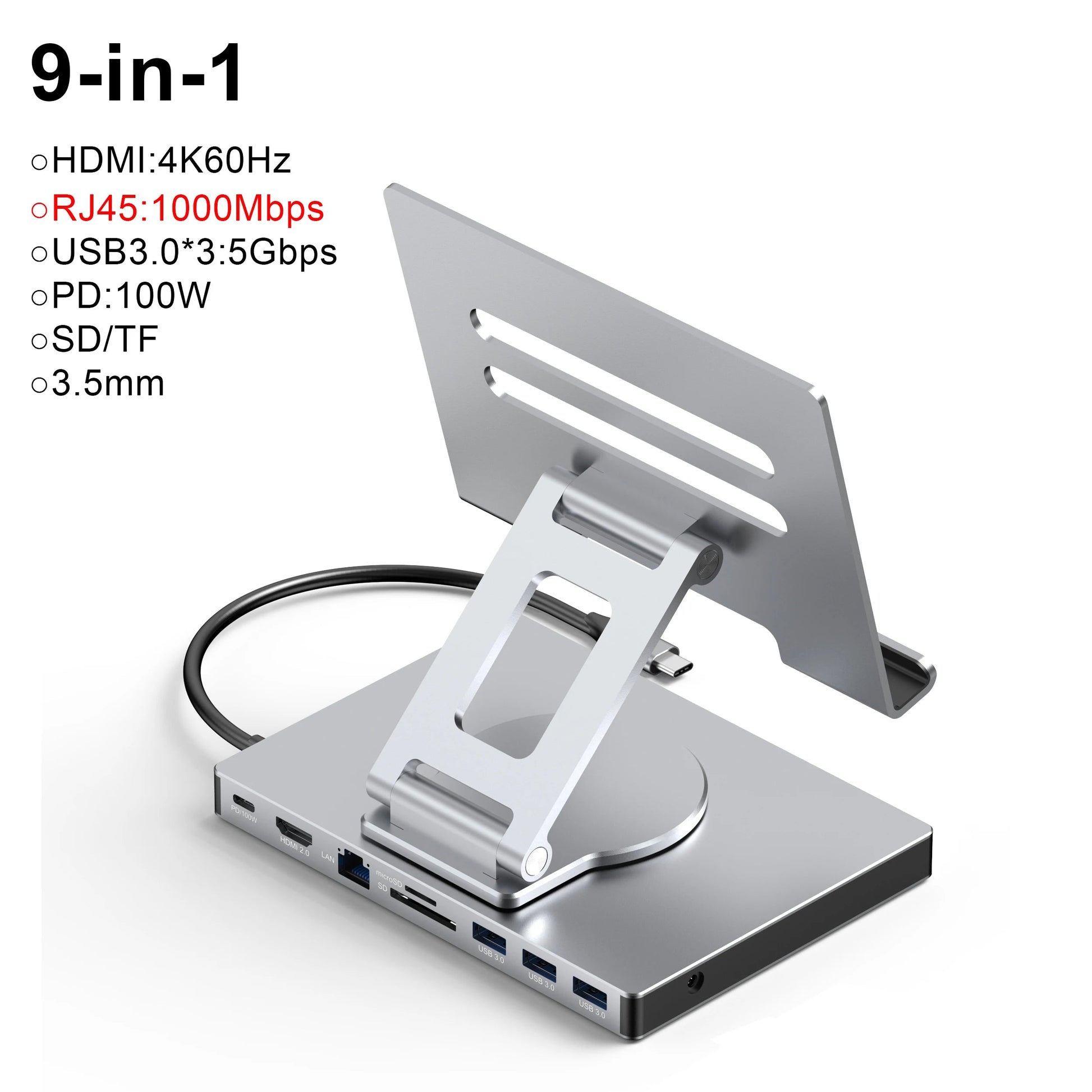 9-in-1 USB C HUB Tablet Holder Station 4K/60Hz HDMI USB3.0 1000Mbps Ethernet Data Transfer 360 Docking Stand for Tablet Phone exovai.com