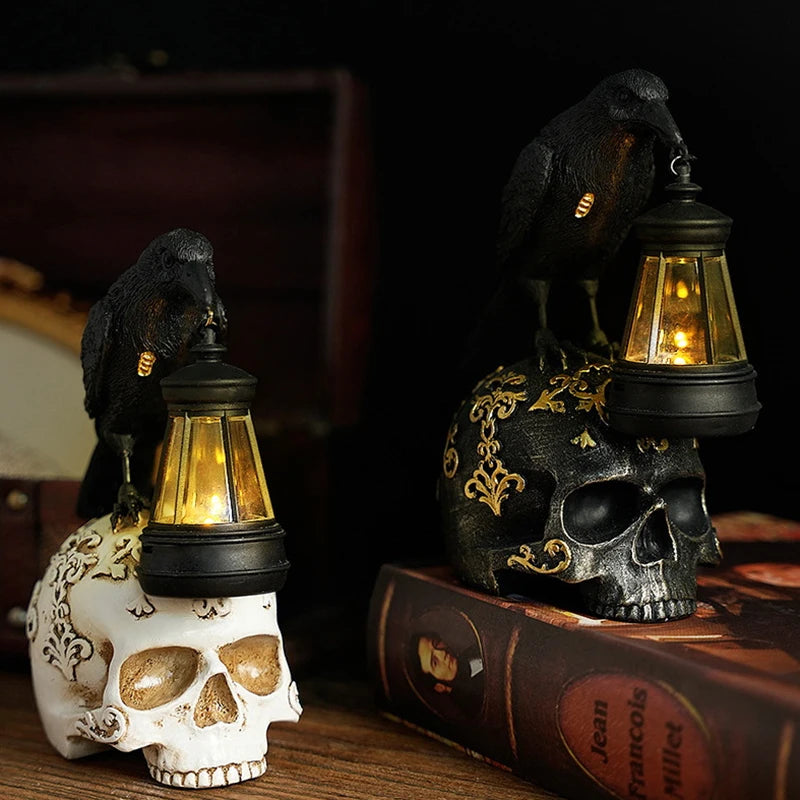 Halloween Crow Skull Night Light Table Lamp Halloween Decorative Skull Lamp Gothic Decorative Night Light Resin Craftsmanship exovai.com
