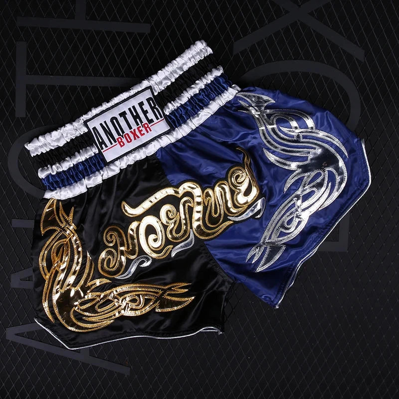 Muay Thai Pants Embroidery Boxing Shorts Women Men Satin Fight Kickboxing Training Trunks Kids Boy Girl Martial Arts MMA Clothes exovai.com